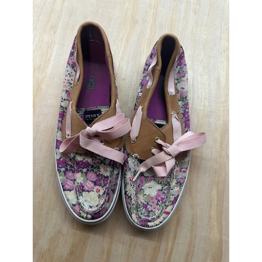Sperry Top-Sider Womens Floral Boat Shoes Pink Purple Canvas Leather 9M 9443052